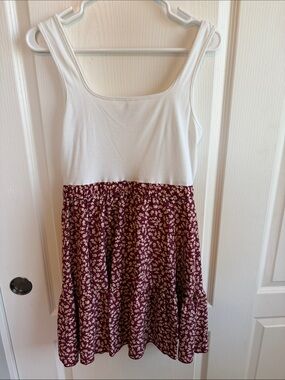 SHEIN White Tank Top with Burgundy Floral Tiered Skirt Dress